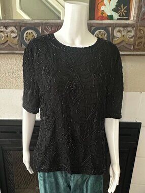 Vtg Stenay Beaded Top Size Large Black Sequin 100% silk Retro Glam Luxe Blouse